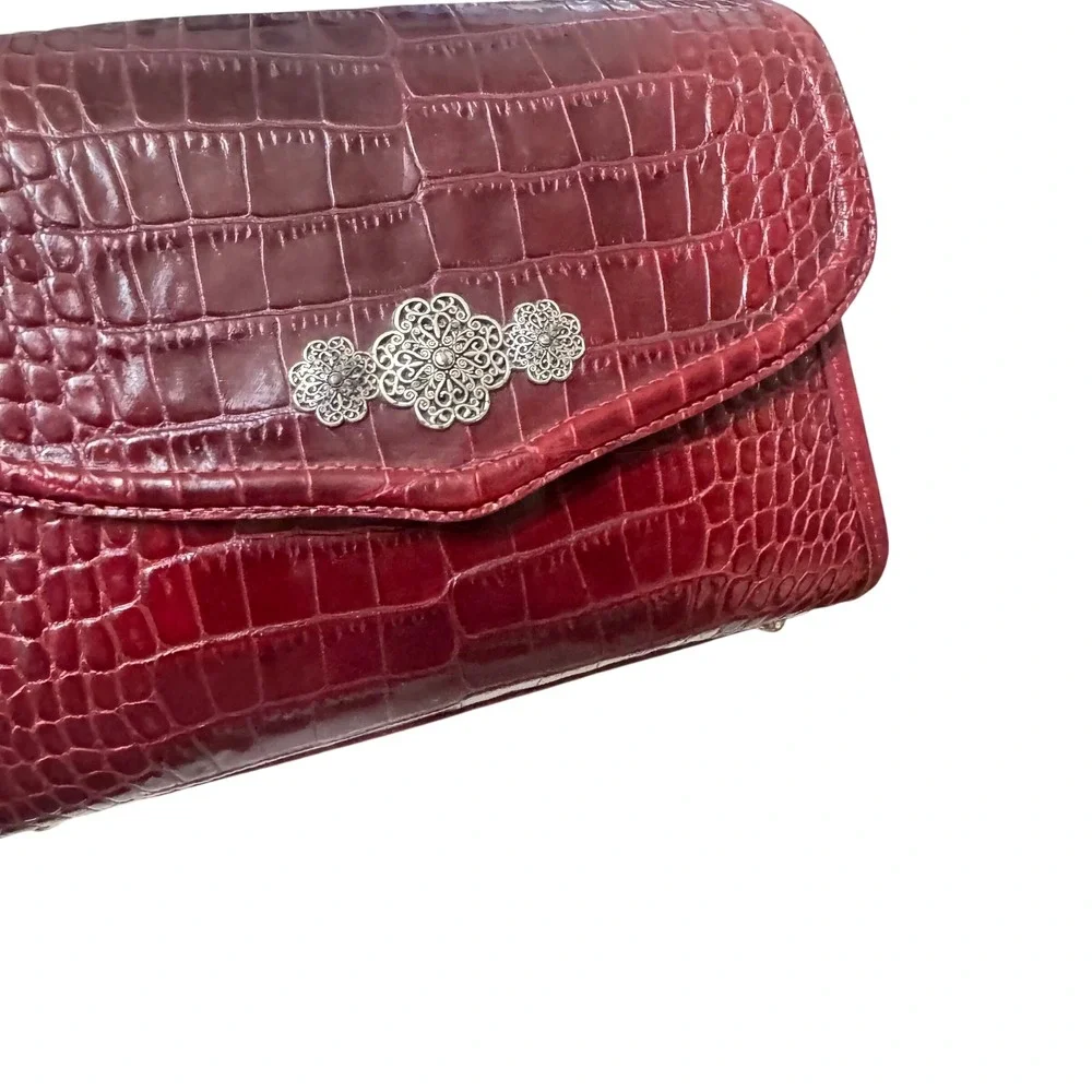 Brighton‎ Crossbody Bag Womens Small Burgundy Croco Leather Excellent Filigree